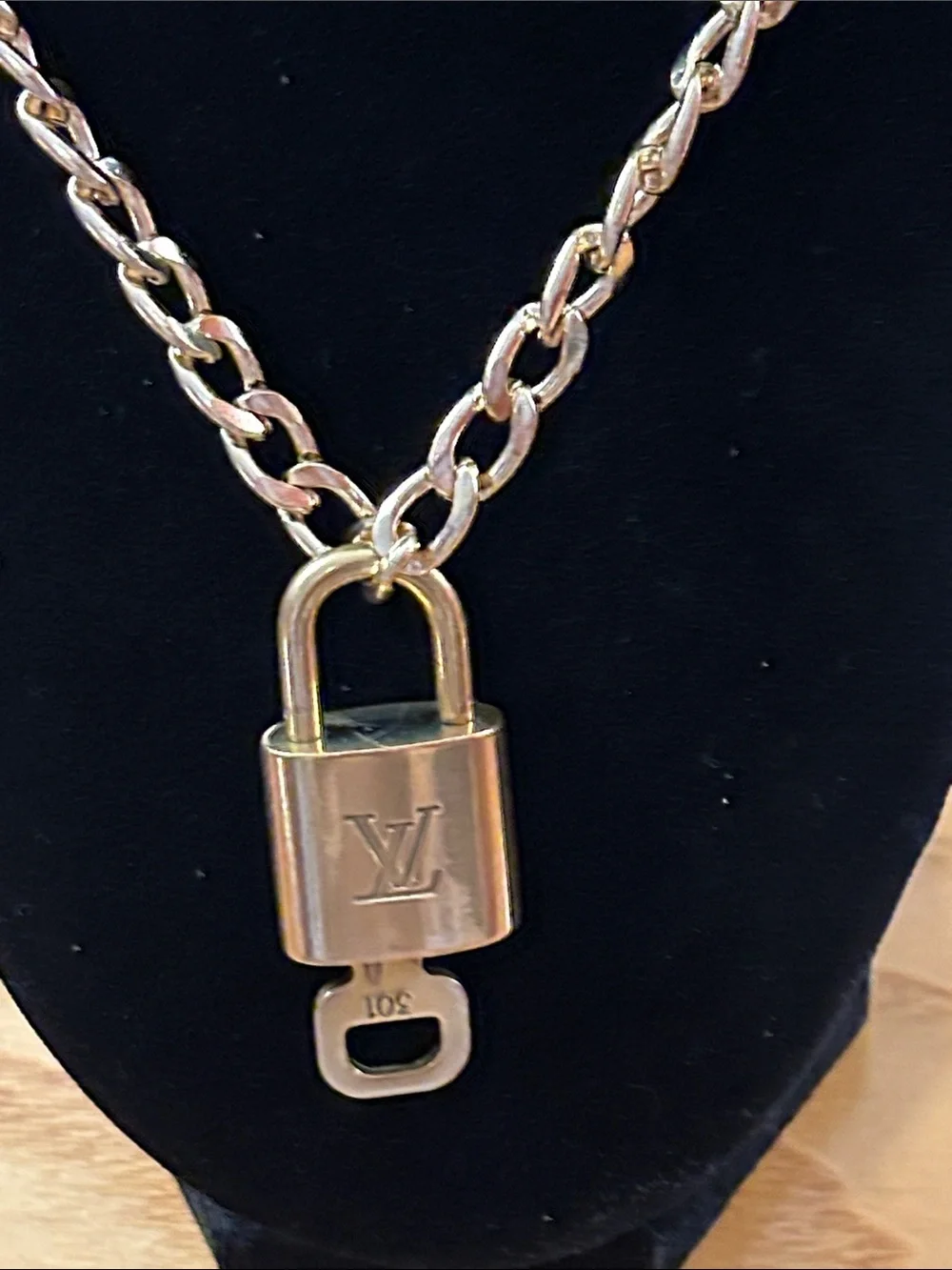 Louis Vuitton # 301 Gold-Tone Padlock Pendant Necklace 25” chain